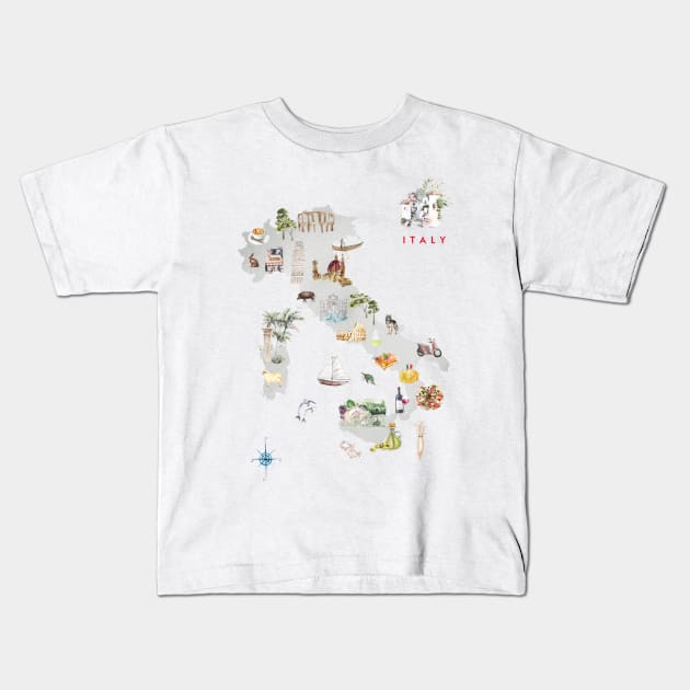 Illustrated Map of Italy Kids T-Shirt by crazycanonmom